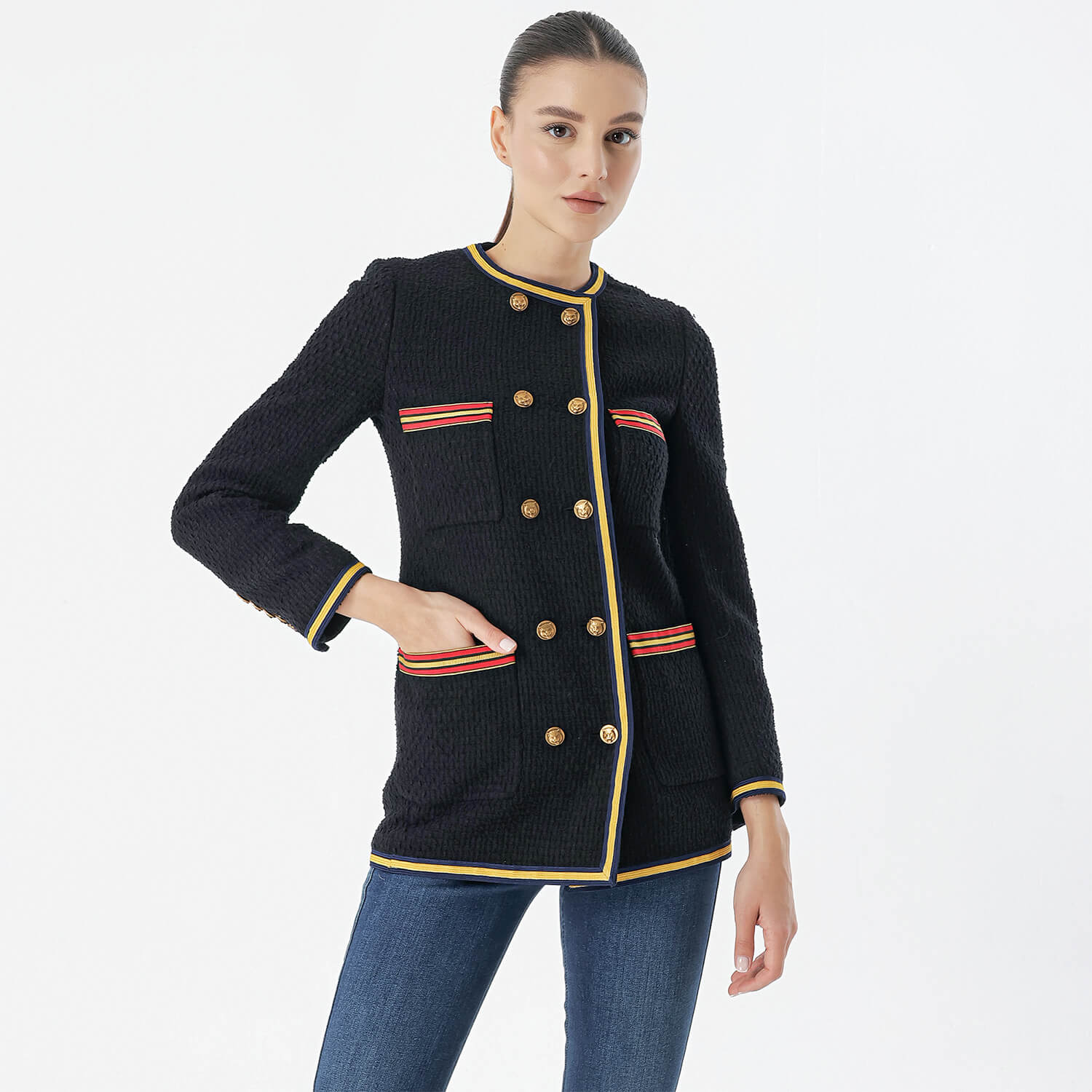 Gucci - Navy Blue&Gold Button Wool Long Jacket